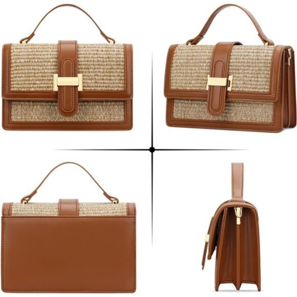 Women Brown Top Handle Straw Crossbody Bags for Summer Straw Purses Bags - Picture 4 of 7